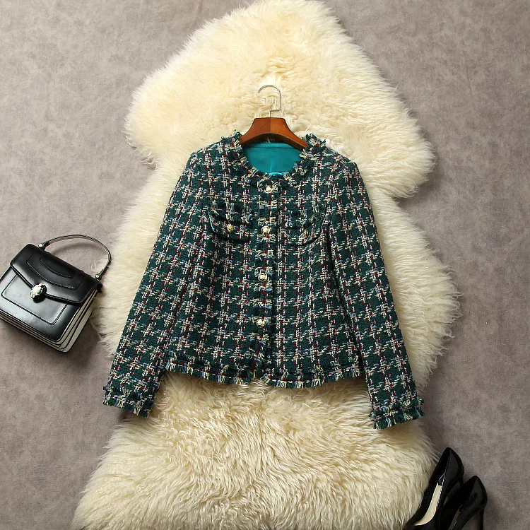 

European and American women's clothing 2023 autumn new Round neck Long sleeve single breasted green fashion The tweed jacket