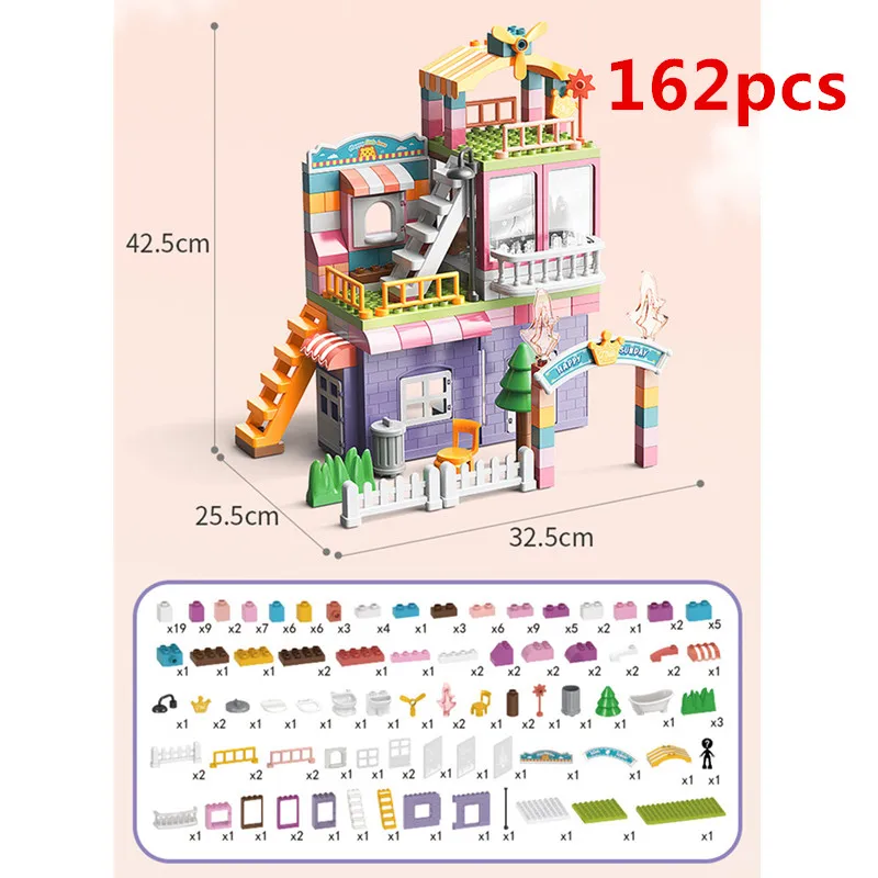 Large Building Blocks Gril Dream Doll House Big Pink Princess Castle Bathroom Bedroom Living Room Compatible Parts Children Gift