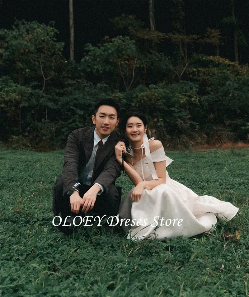OLOEY Korea Simple Taffeta A Line Wedding Dress Photo Shoot Short Sleeve Garden Prom Gown Long Tail 웨딩드레스 customized 3