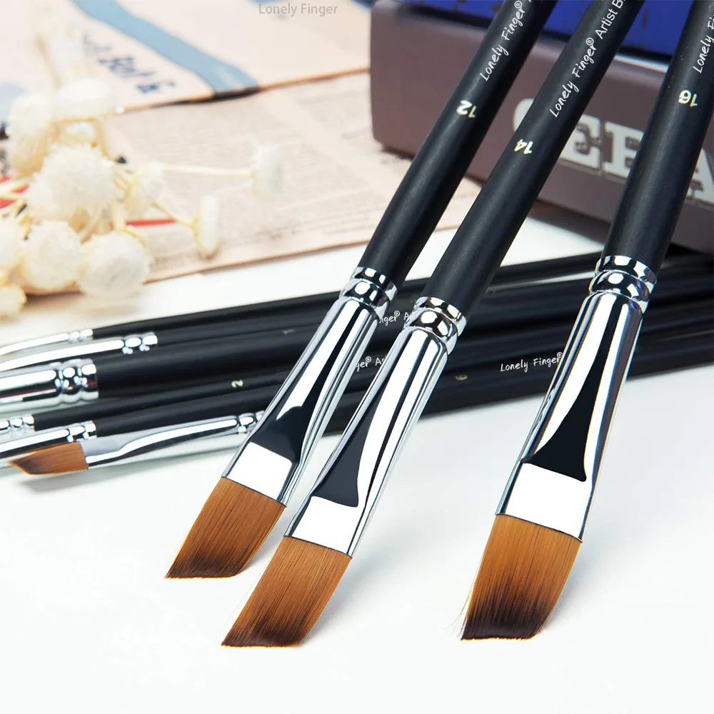 Angular Paint Brushes Set, 9 Pcs Paintbrushes Long Handle for Acrylic Oil Watercolor Gouache Painting Nylon Angle Shader Brush 4