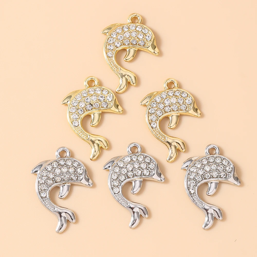 Leslie 10 Stück 18*25mm Gold Silber Farbe Klare Kristall-Delfin-Anhänger für Niedliche Charm-Ohrringe Halskette Handgemachter Schmuck