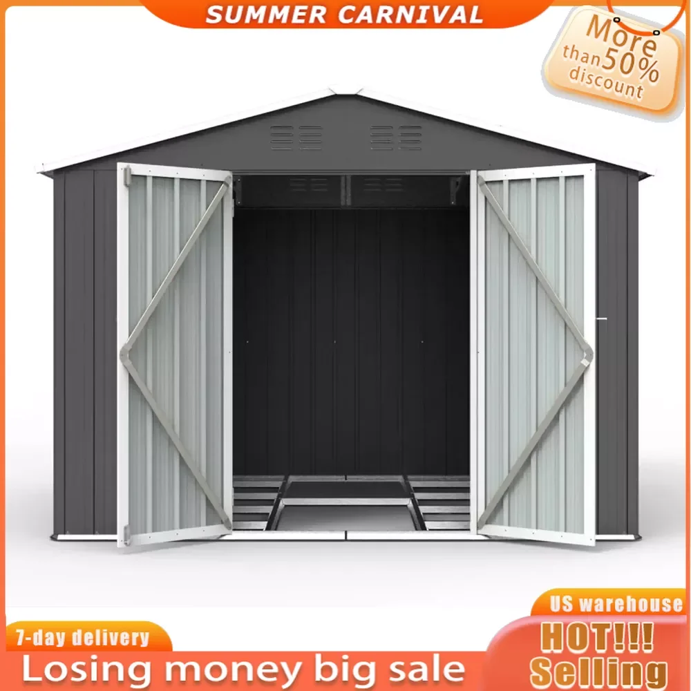 Metal Outdoor Storage Shed, Lockable Doors Galvanized 8 x 6 FT with Garden Shed Tool Storage Sheds House