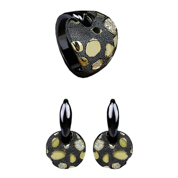 Unique Jewelry Set for Women Creative Irregular Hollow Pattern Earrings Ring Handmade Black Gold Jewelry Set 1