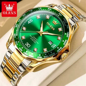 OLEVS-Homens Impermeável Relógio De Quartzo De Aço Inoxidável, Verde Dourado, Marca De Luxo, Pulseira De Borracha, Mergulho, Original, 9988