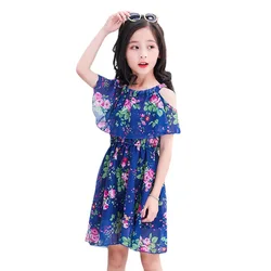 Crianças roupas de verão para meninas adolescente chiffon floral padrão praia impresso sling strapless bohemia traje princesa vestidos casuais