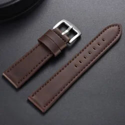Premium Genuine Leather Watchband with Vintage Stitching - Universal Sport Strap - Black Buckle (Brown)