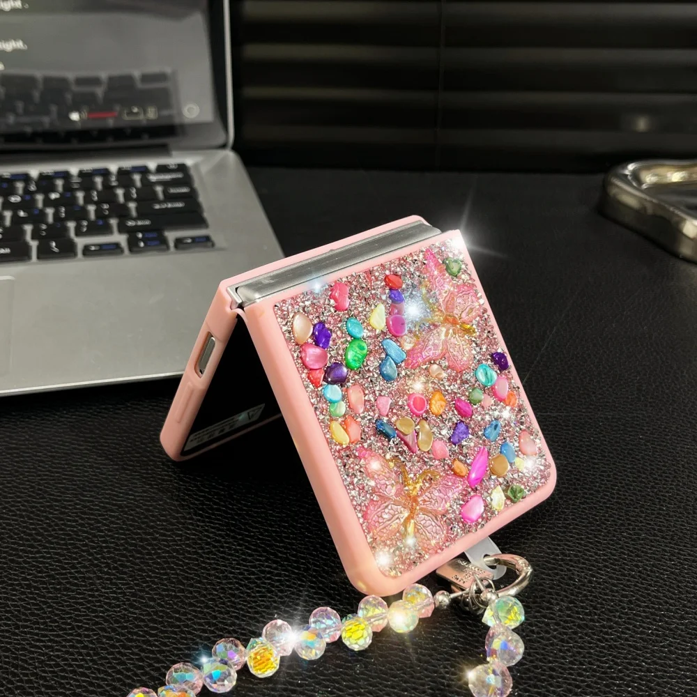 Luxury Full Diamond Phone Case with Colorful Butterfly and Wrist Strap - Shockproof Bling Cover