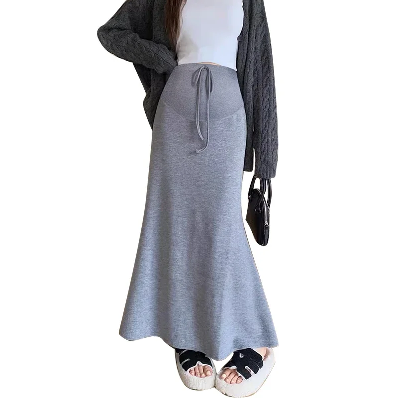 Korean Style Maternity Knitting Dress High Waist Drawstring Fashion Pregnant Woman Fishtail Skirt Slim Pregnancy Maxi Skirt 88cm
