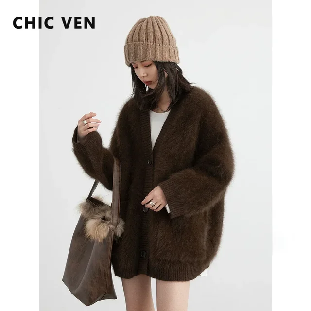 CHIC VEN Women Sweaters Loose New Rabbit Hair Solid Female Jumper Coat Woman Soft Knitted Cardigan Autumn Winter 2023 1