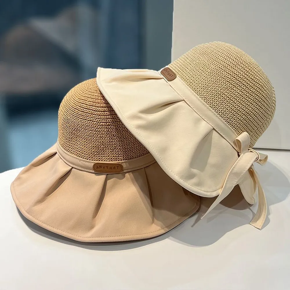 

Summer Women Bucket Hat UV Protection Big Wide Brim Beach Sun Hats Empty Top Caps Ponytail Caps Bows Ladies Girls Panama Caps