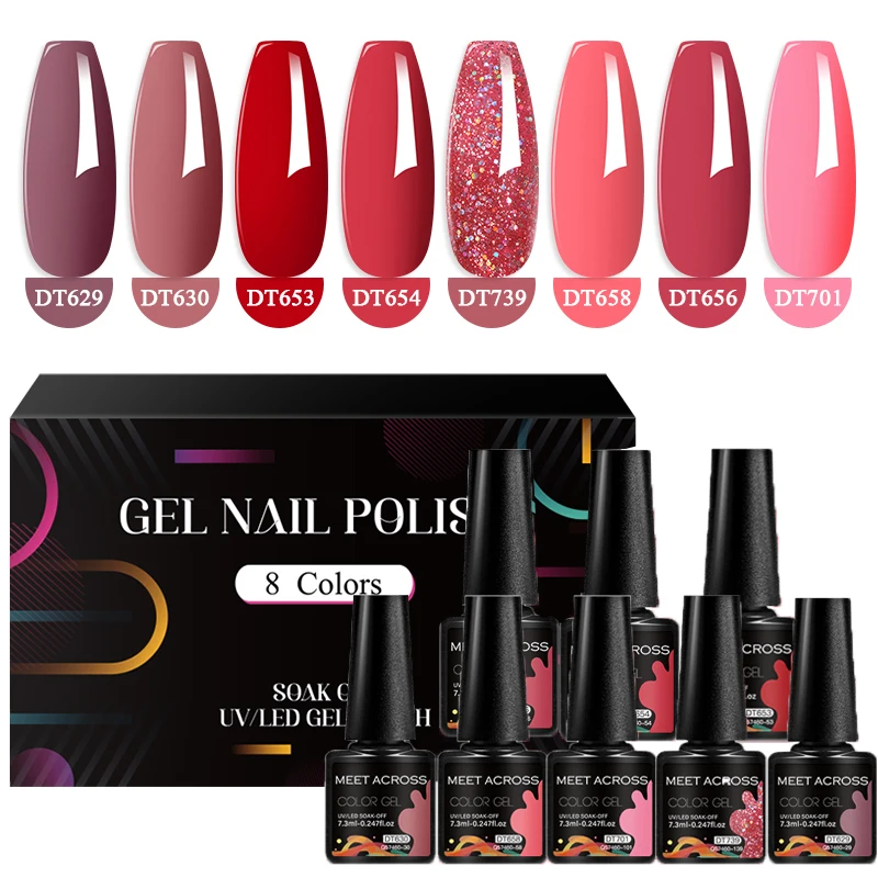 MEET ACROSS 8Pcs/Set 7.3ML Gel Nail Polish Nail Supplies Vernis Semi Permanent Nail Art Manicure Soak Off UV Gel Nail Varnish 4