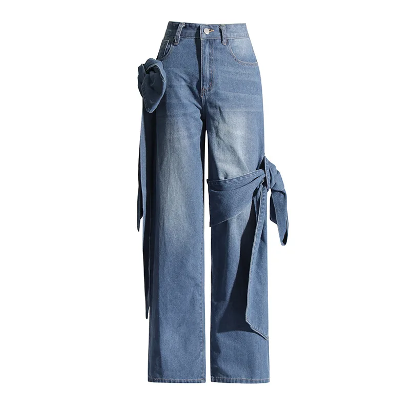 

Bow Denim Jeans Women Pant Female Business Work Wear 1 Pair High Waist Wide Leg Trouser Casual Hot Girl Wear