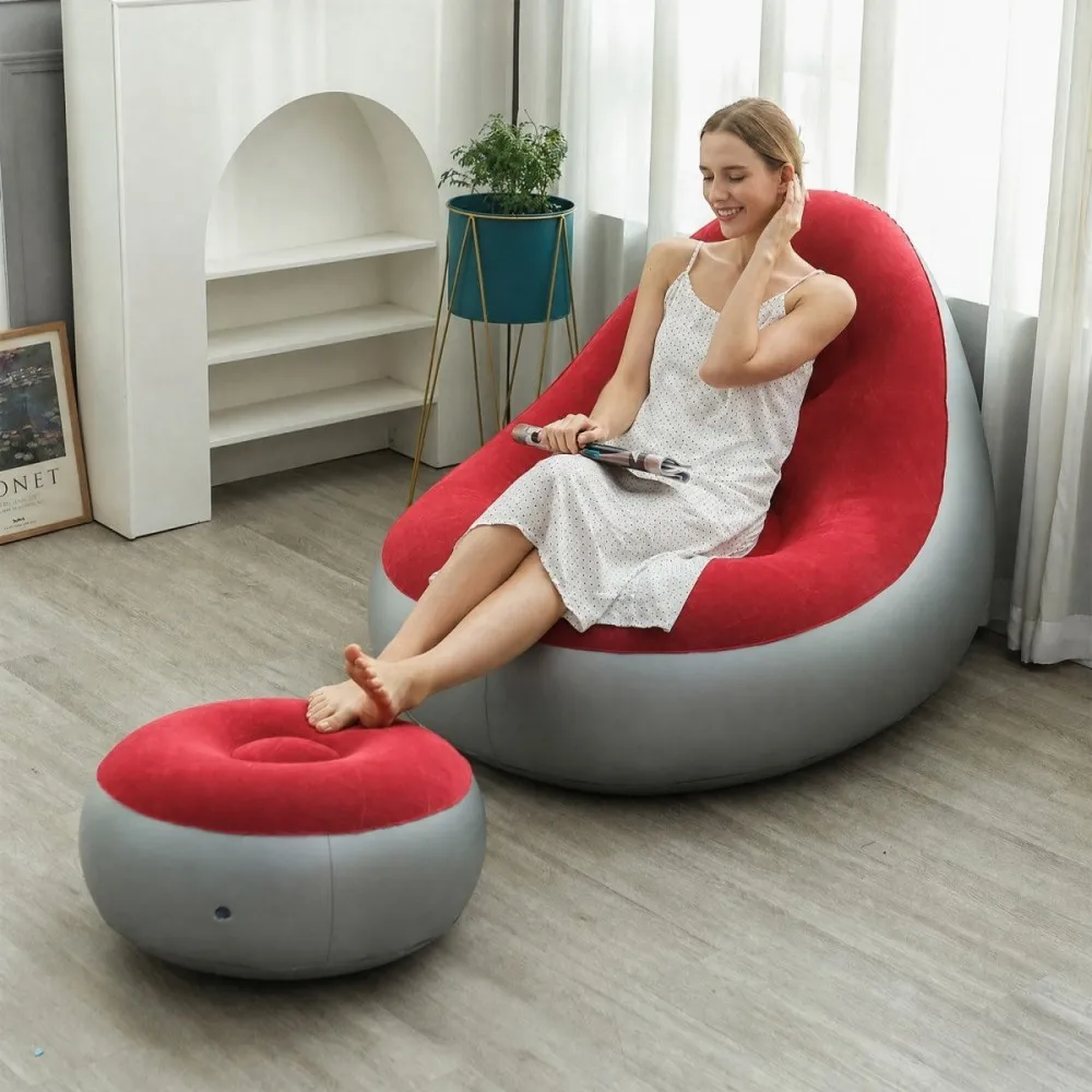Canapé gonflable + repose-pieds, fauteuil inclinable pliable floqué épaissi, chaise longue portable pour intérieur/extérieur et camping à domicile
