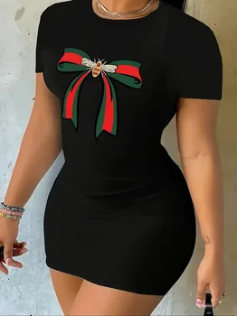 Summer women's bee bow pattern printed casual bag buttocks slim fit short sleeved round neck T-shirt mini dress 1