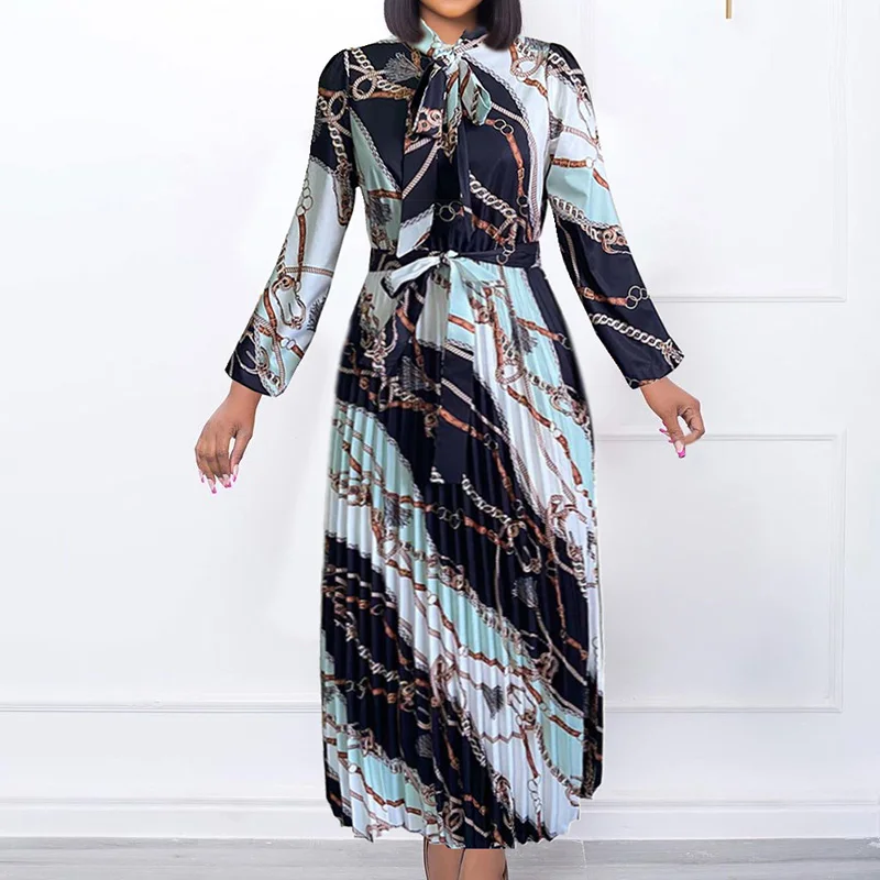 Temperament Printing Half Open Collar Bandage Long Sleeve Lady Elegant Pleated Pullover Mid Waist Plus Size Floor-Length Dresses