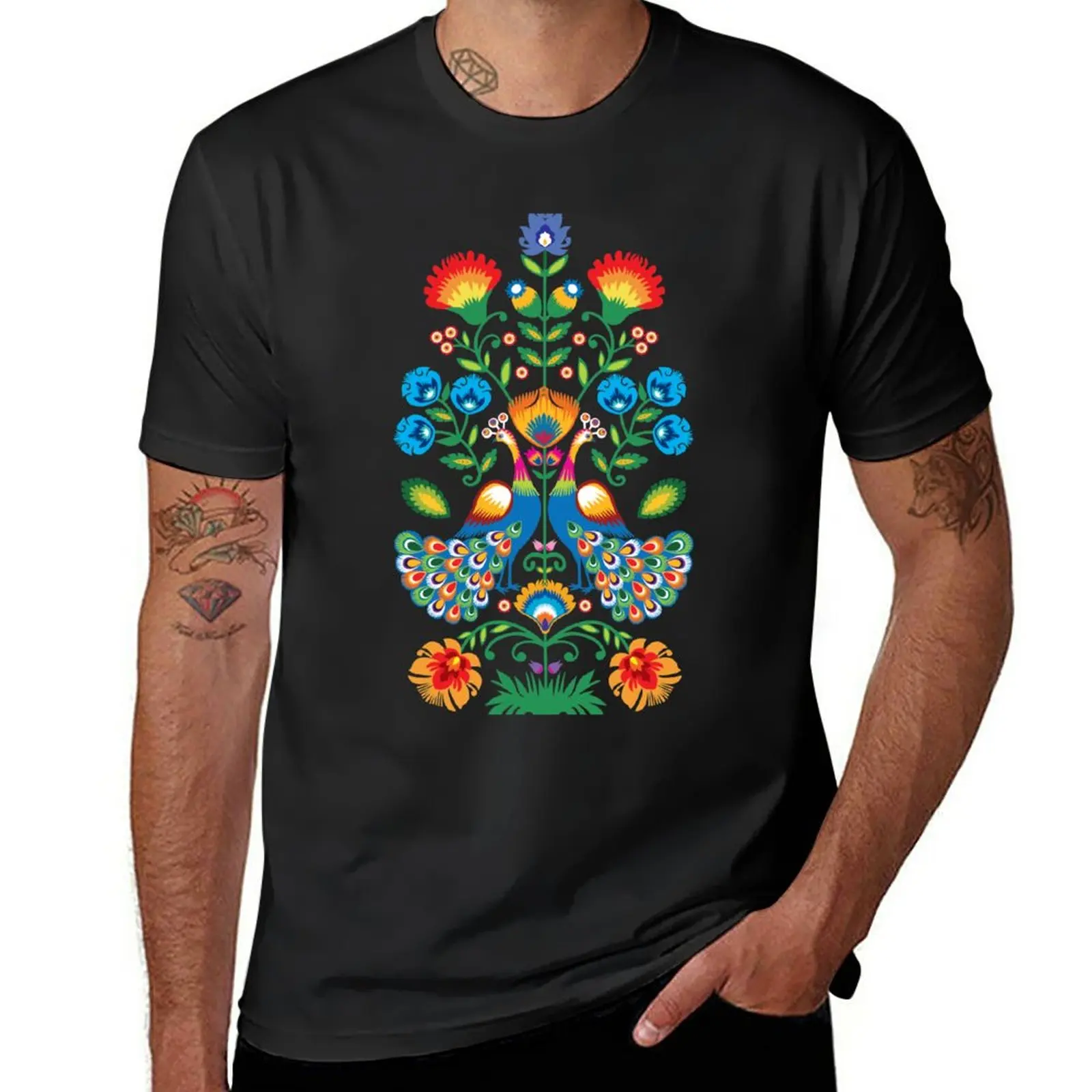 

New Folk composition with peacocks on black T-Shirt custom t shirts design your own sports fan t-shirts plain black t shirts men