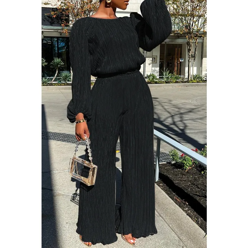 Casual Loose Pleated Two Piece Sets Women 2023 Autumn Soild High Strecth Long Sleeve Crew Neck Top Straight Pants Lounge Wear