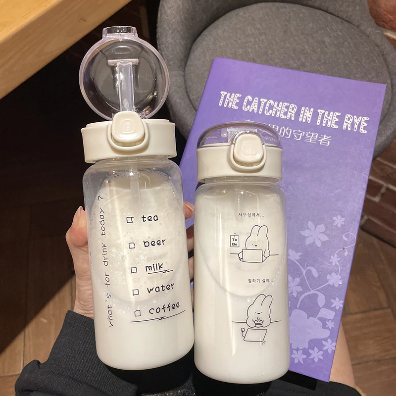 Cute Cartoon Straw Water Bottle - Portable, Leak-Proof Drinkware