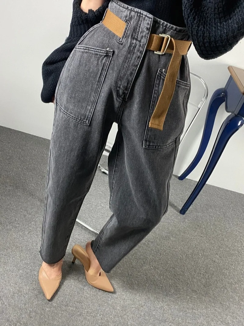 Fashion Vintage Mom Jean Loose Washed Denim Trousers 2021 Women Korean High Waist Ankle Length Baggy Belted Harem Jeans Pants