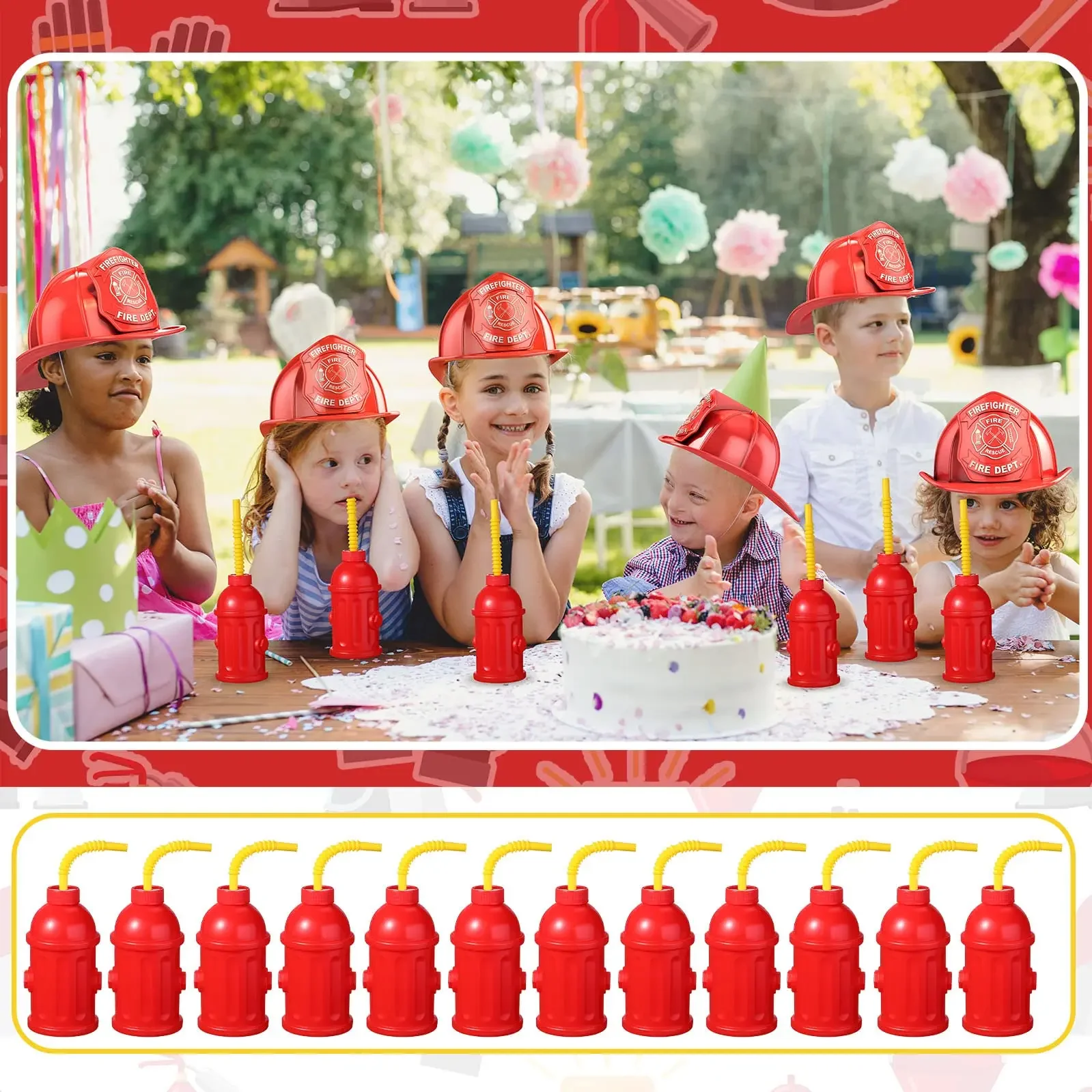 

2/4/6/8/10pcs Novelty Fire Hydrant Straw Cups with Lid Fireman Firefighter Birthday Party Favors Boys 8oz Red Plastic Water Cups