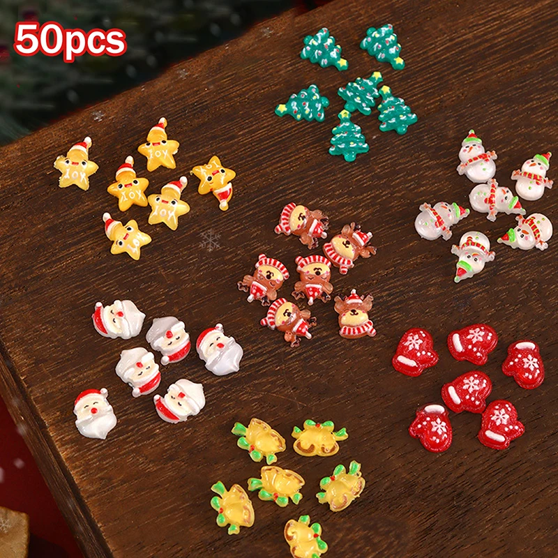 50Pcs Cute Christmas Series Resin Nail Charms - Santa Claus Snowman Reindeer Nail Art Decorations, DIY Manicure Accessories