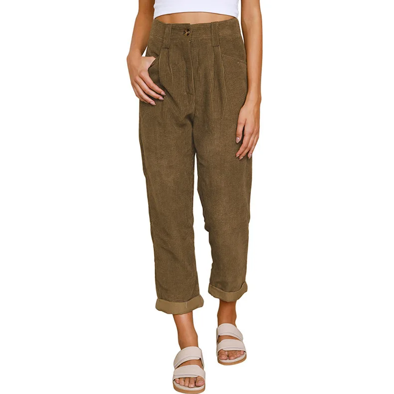 High Waist Casual Pants for Women Autumn Winter Corduroy Straight Leg Trousers Comfortable Loose Fit Long Pants - 3