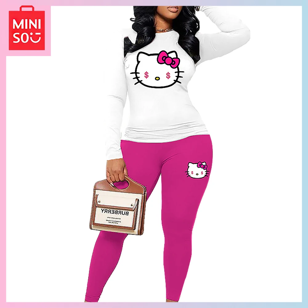 

New Miniso Hello Kitty Kawaii Cartoon Fashion Women's Outdoor Sports Casual Top Trousers Two-Piece Set for Girls Birthday Gift