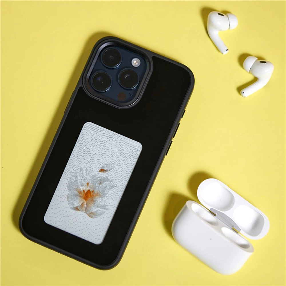 NFC 새로 고침 디스플레이 폰 케이스, 아이폰 13, 14, 15 프로 맥스, 3.7 인치 Eink 스크린, 4 가지 색상, 앱 새로 고침 백 커버, 배터리 없음