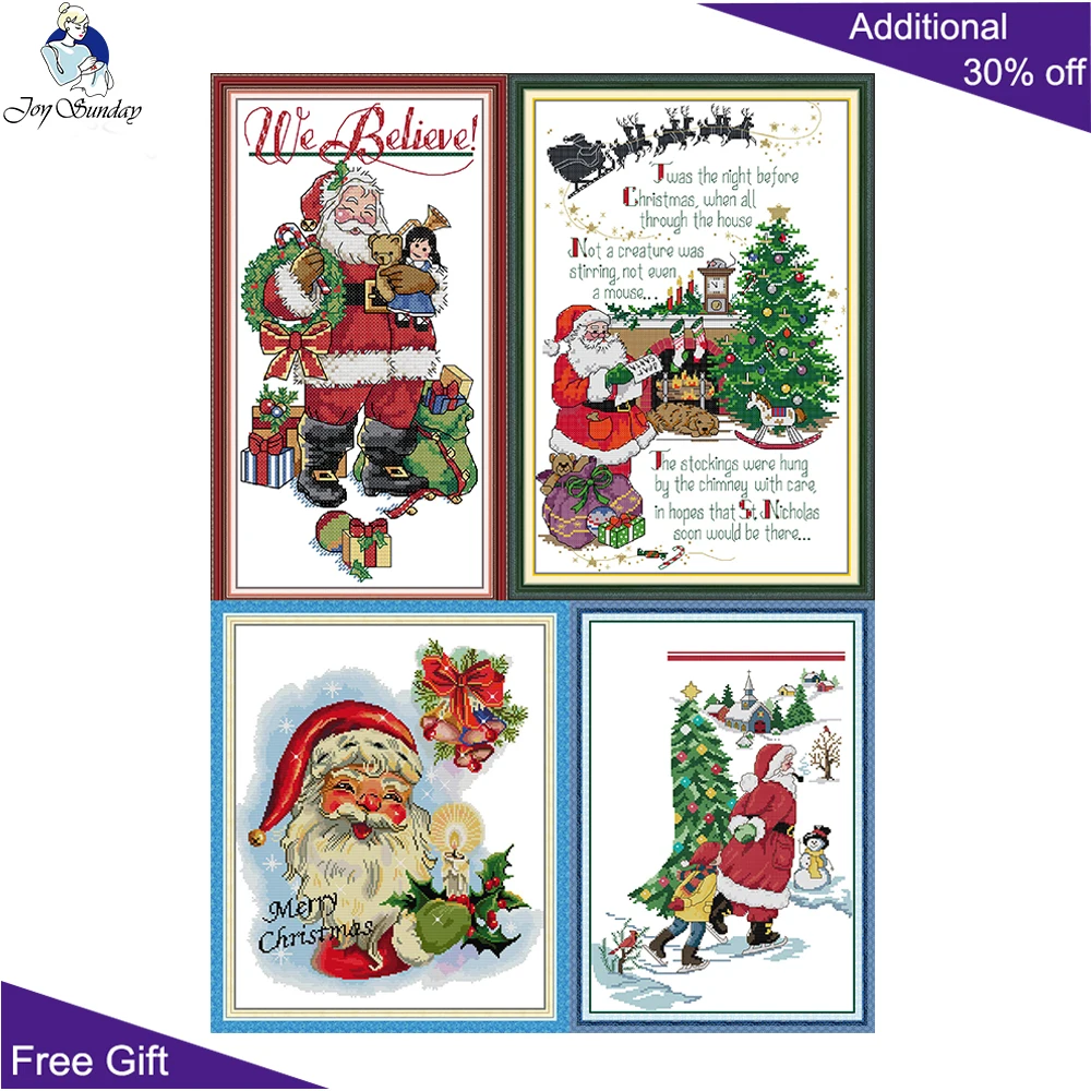 Joy Sunday Cross Stitch Kit, Santa Claus, Merry Christmas, Ice-Skating, Printed Canvas, RA418, RA430, RA513, RA514