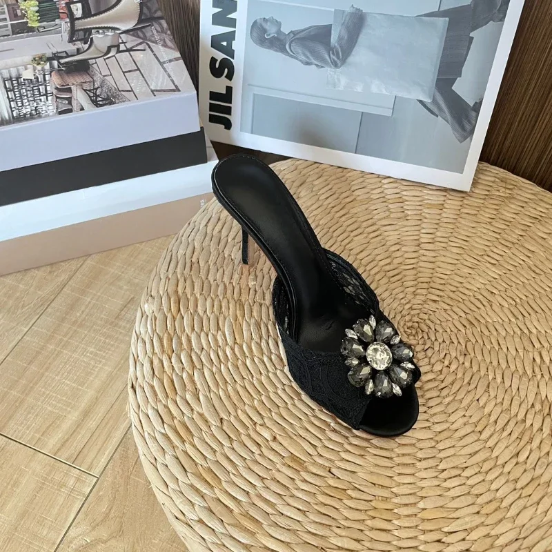 2023 Lace Round Toe High Heels Mesh Breathable Rhinestone Thin Heel Women's Sandals 6CM Wedding Shoes