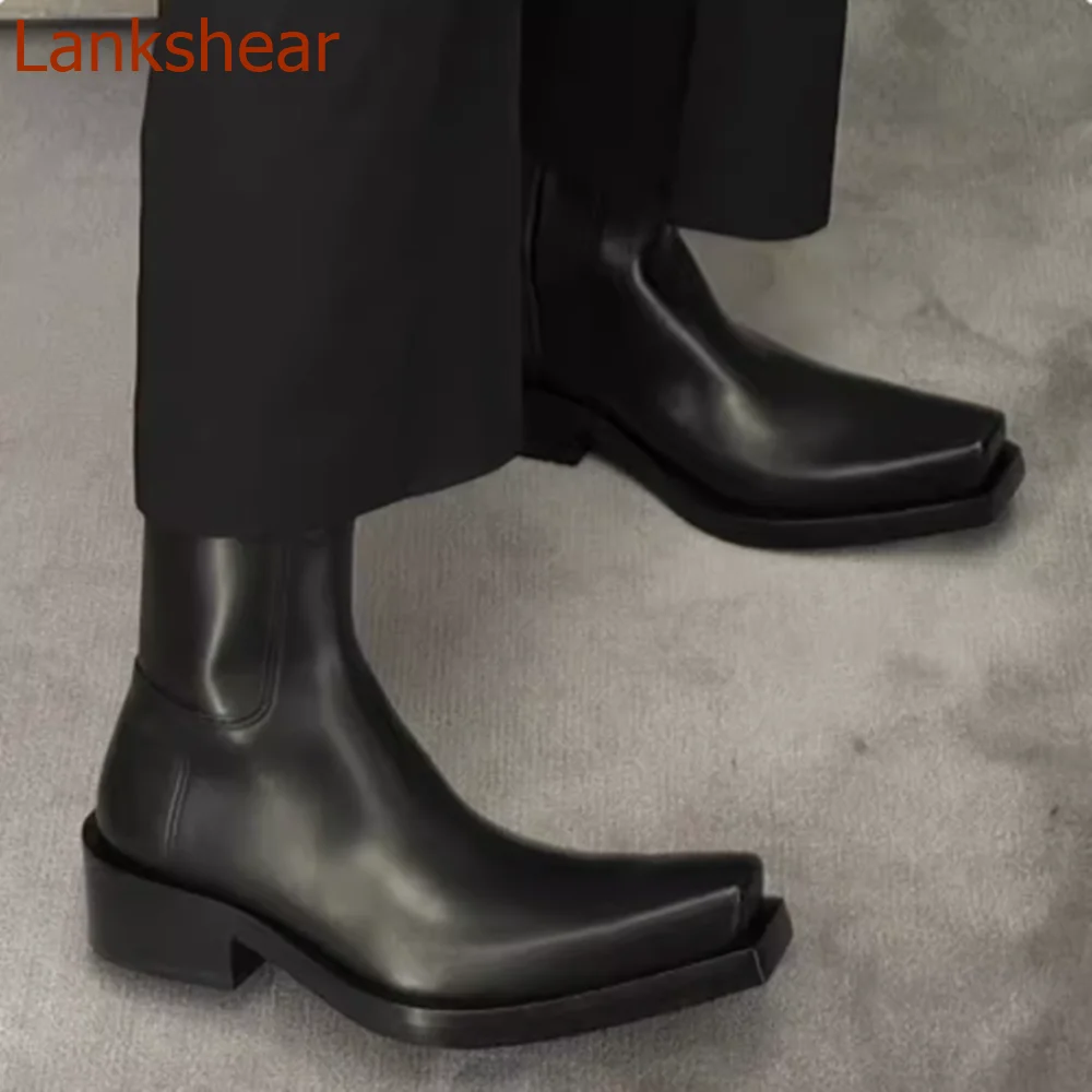 Square Toe Square Heel Women Boots Mid Calf Solid Black Side Zipper Fashion Casual Comfortable Sexy Women Shoes 2024 New Arrival