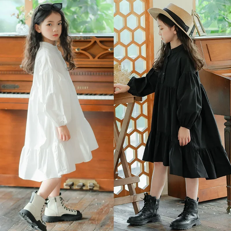 

Korean Style Kids Dresses For Teenage Girls Spring Long Puff Sleeves Knee Length Young Children's Shirt Dress 10 12 13 14 15 16Y