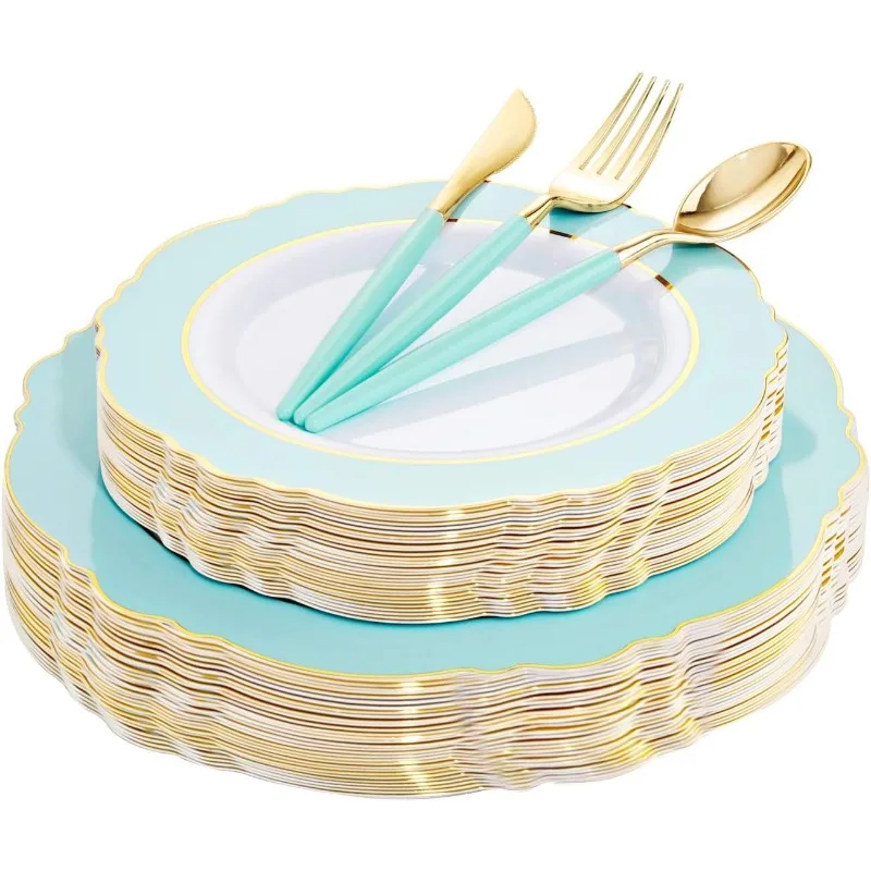 30Guest Plastic Plates Disposable-Plastic Silverware With Handle Plates Disposable for Weddings, Parties, Mother's Day