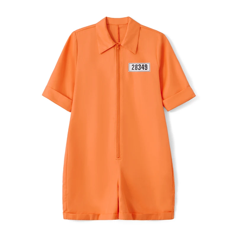 Women s Halloween Police Officer Costume Badge Patch Short Sleeve Lapel Front Zipper Shorts Jumpsuit with Handcuffs