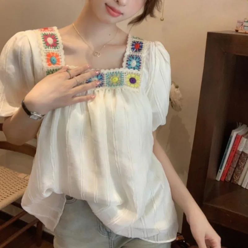 Summer Women's 2024 New Pullovers Square Collar Embroidery Fashion Solid Color Loose Puff Sleeve Short Sleeve Blouses Shirts