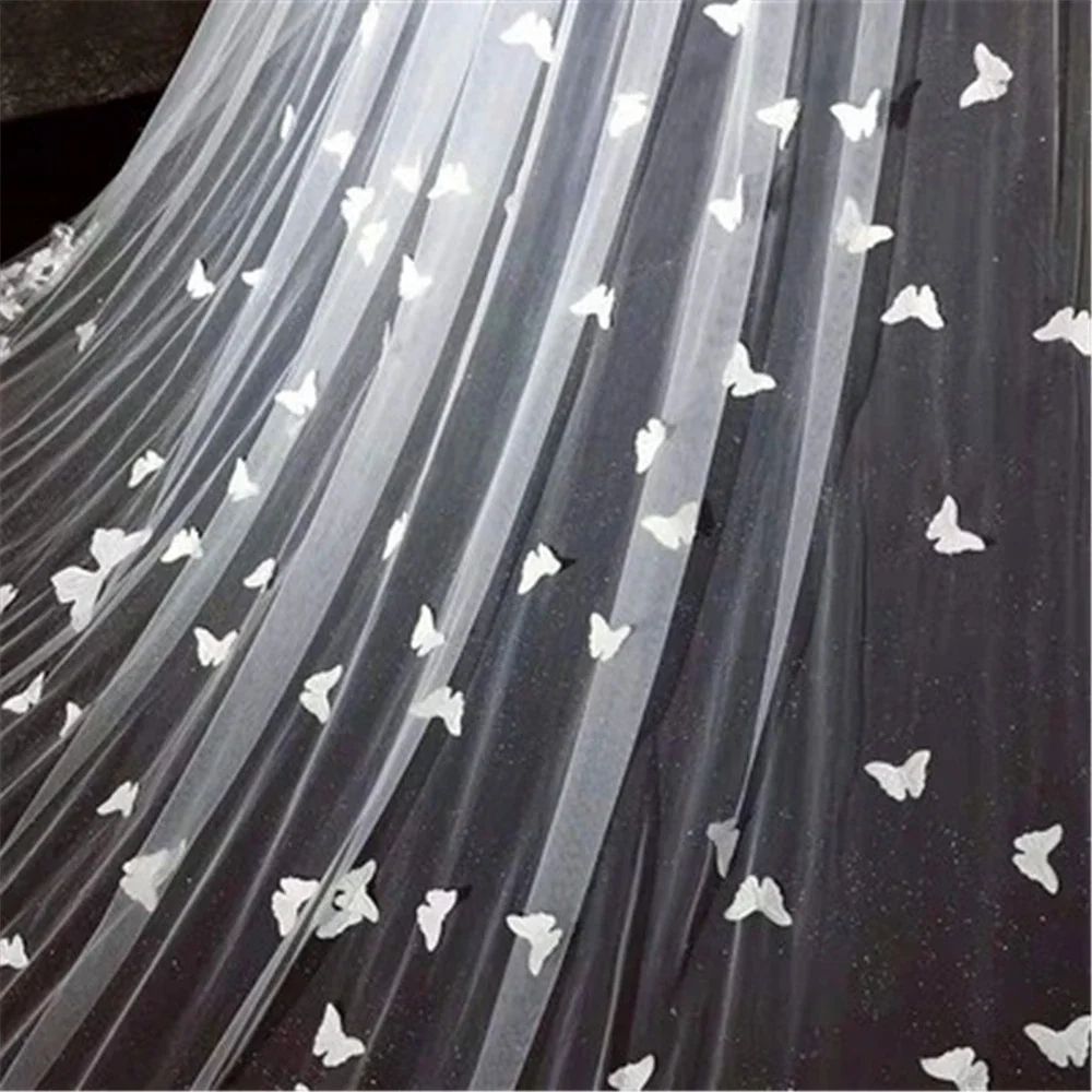Bridal Veil Wedding Long Lace Edge 3D Butterfly Floral Appliques Face-Covered Cathedral With Comb White Ivory