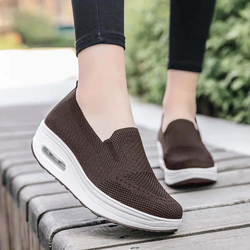 Spring Autumn Women's Thick Sole Elevated Sports Casual Shoes Flying Weaving Mesh Air Cushioned Walking Shoes