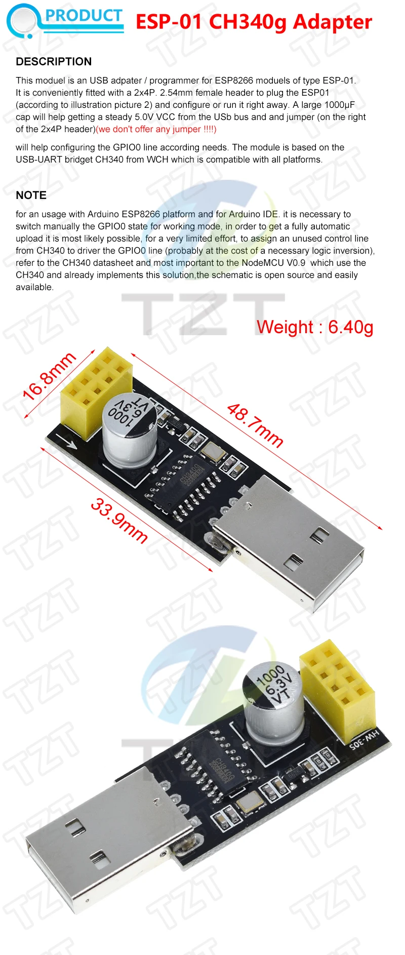 ESP01 Programmieradapter UART GPIO0 ESP-01 Adaptater ESP8266 CH340G USB auf ESP8266 Serielles drahtloses WLAN-Entwicklungsplatinenmodul – Detail 1