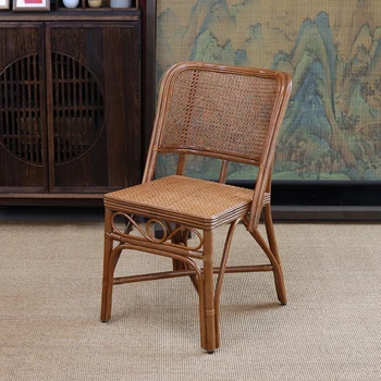 Natural Rattan Backrest Chair Handwoven Boho Dining Chair Comfortable Elderly Furniture for Balcony Lounge Living Room Seat