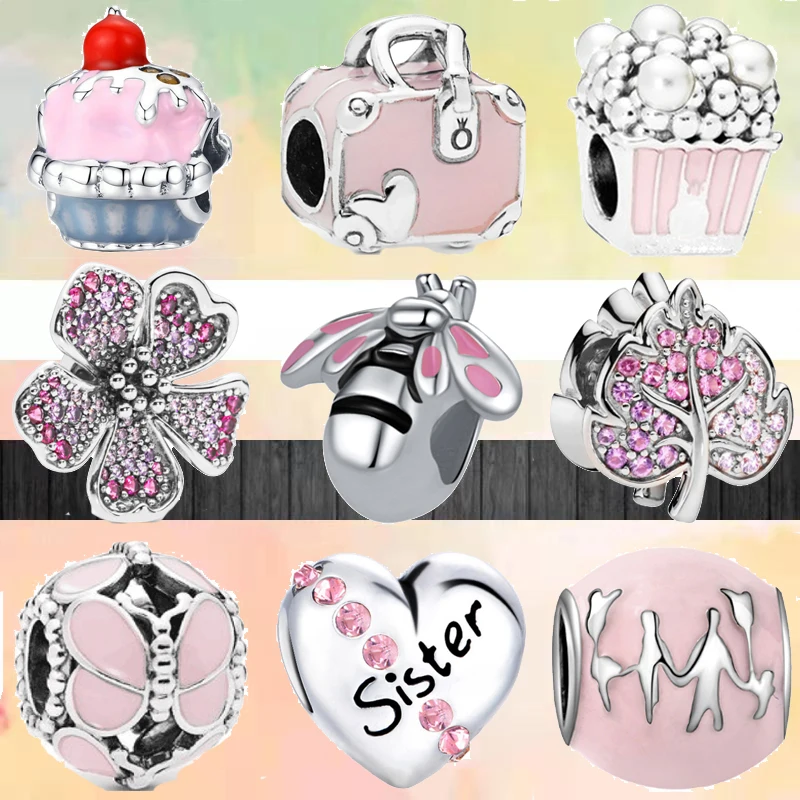 

Fit Original Pandora Charms Silver Color Bracelet DIY Women Jewelry New Pink Bee Butterfly Leaves Flowers Sweet Love Heart Beads