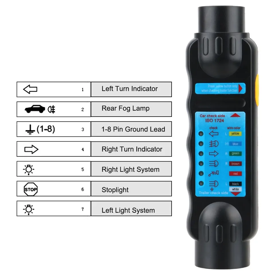 Qiping Strumento di Prova del rimorchio a 7 Pin 12v, DIN ISO 1724, Tester diagnostico di Collegamento del Circuito Presa Spina 7 Pin Stile Europeo per roulotte Auto