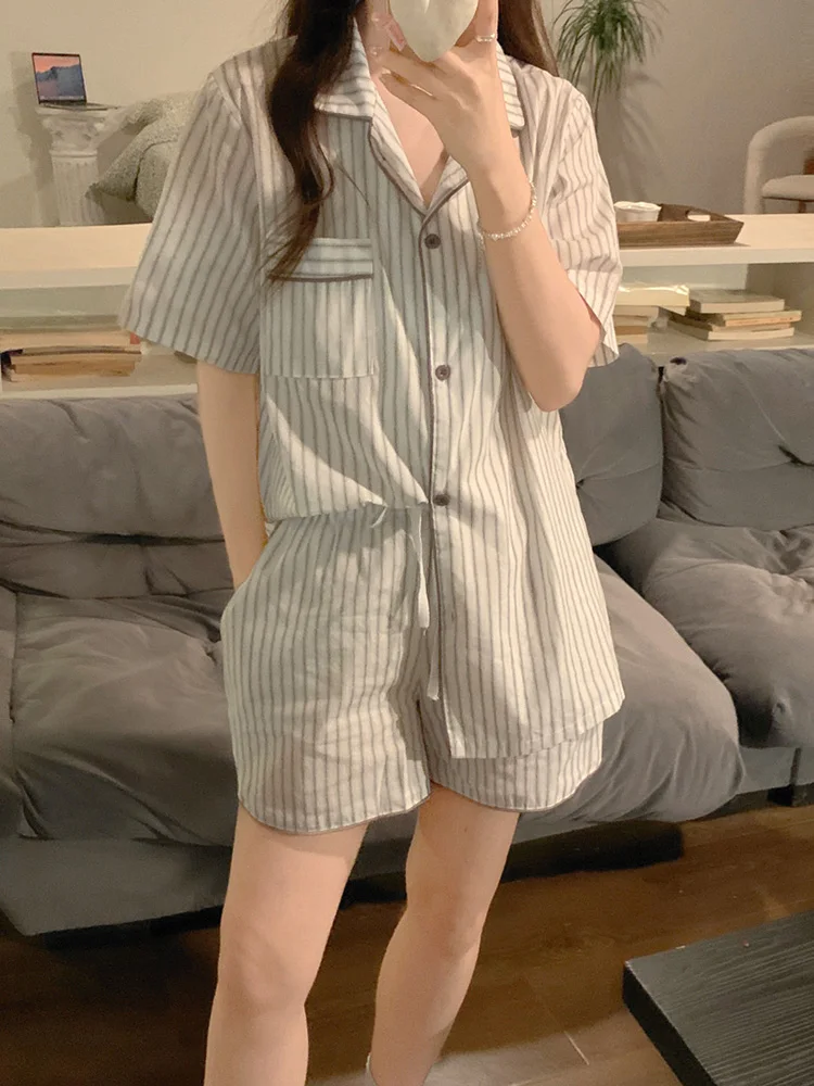 Lovers Simple Vintage Stripe Summer Short Sleeve Half Pants Pajama Set couple Holiday style Real images Loose Casual Vacation