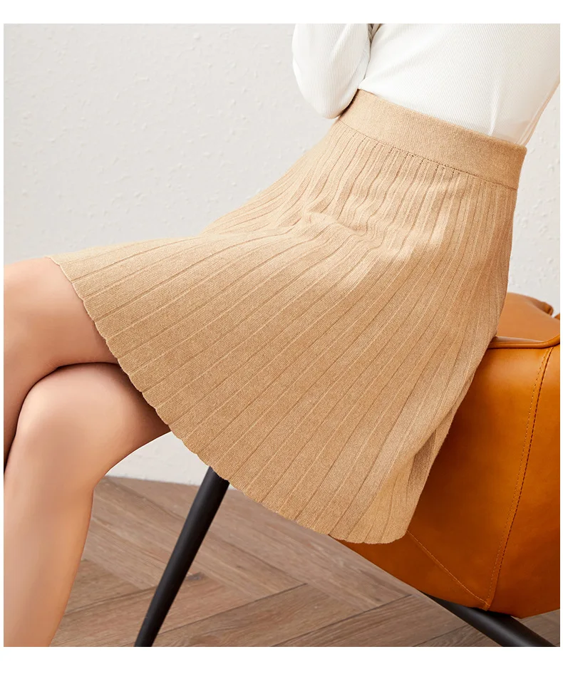 2022 Knitted Mini Skirts Vintage Elastic Waist Slim Pleated Faldas Autumn Winter Solid All-match High Street Elegant Jupes skorts for women
