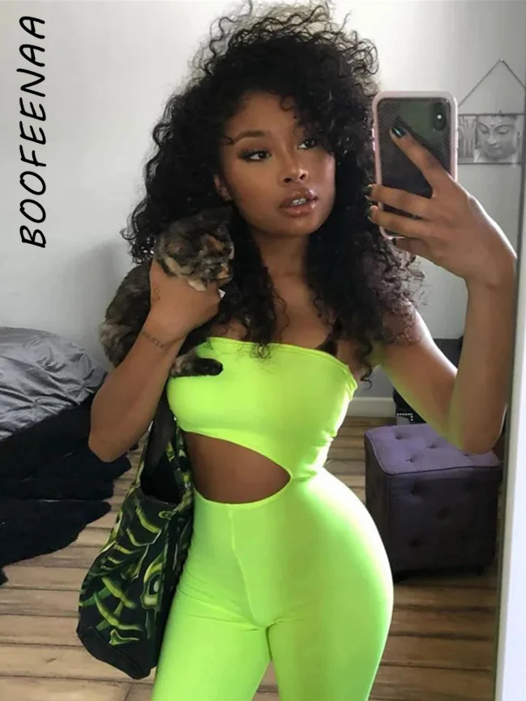 

BOOFEENAA Cutout Tube Romper Neon Green Hollow Out Strapless Bodycon Jumpsuit Streetwear Bandage Playsuit Sexy Costume Clubwear