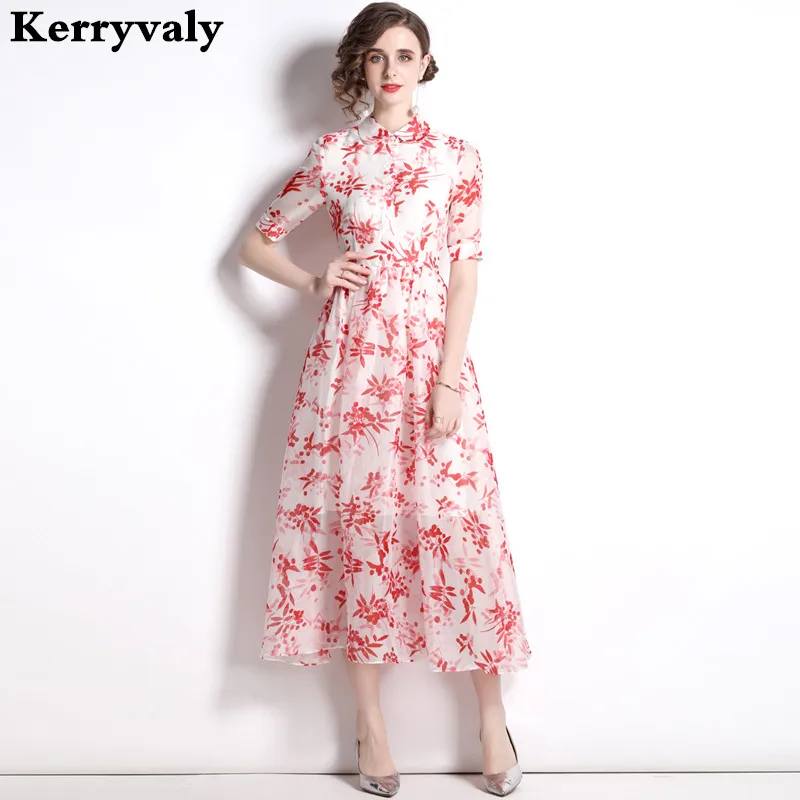 

French Kikyo Printed Chiffon Long Dress for Women Five-quarter Sleeve Vestidis Fiesta Matrimonio De Dia זארה נשים חדש K6019