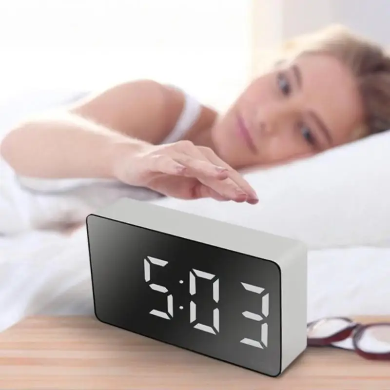 1Pc White LED Mirror Table Clock Snooze Display Time Night Light Desktop USB Alarm Clock Home Decor