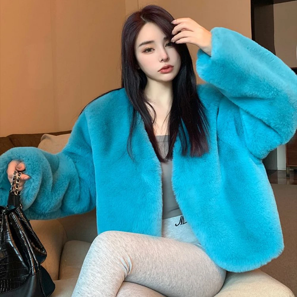 Winter Korean Chic Faux Fox Fur Coat Women Cropped Jacket Solid Cardigan Short Outerwear Y2k Evening Party Gowns Long Sleeve