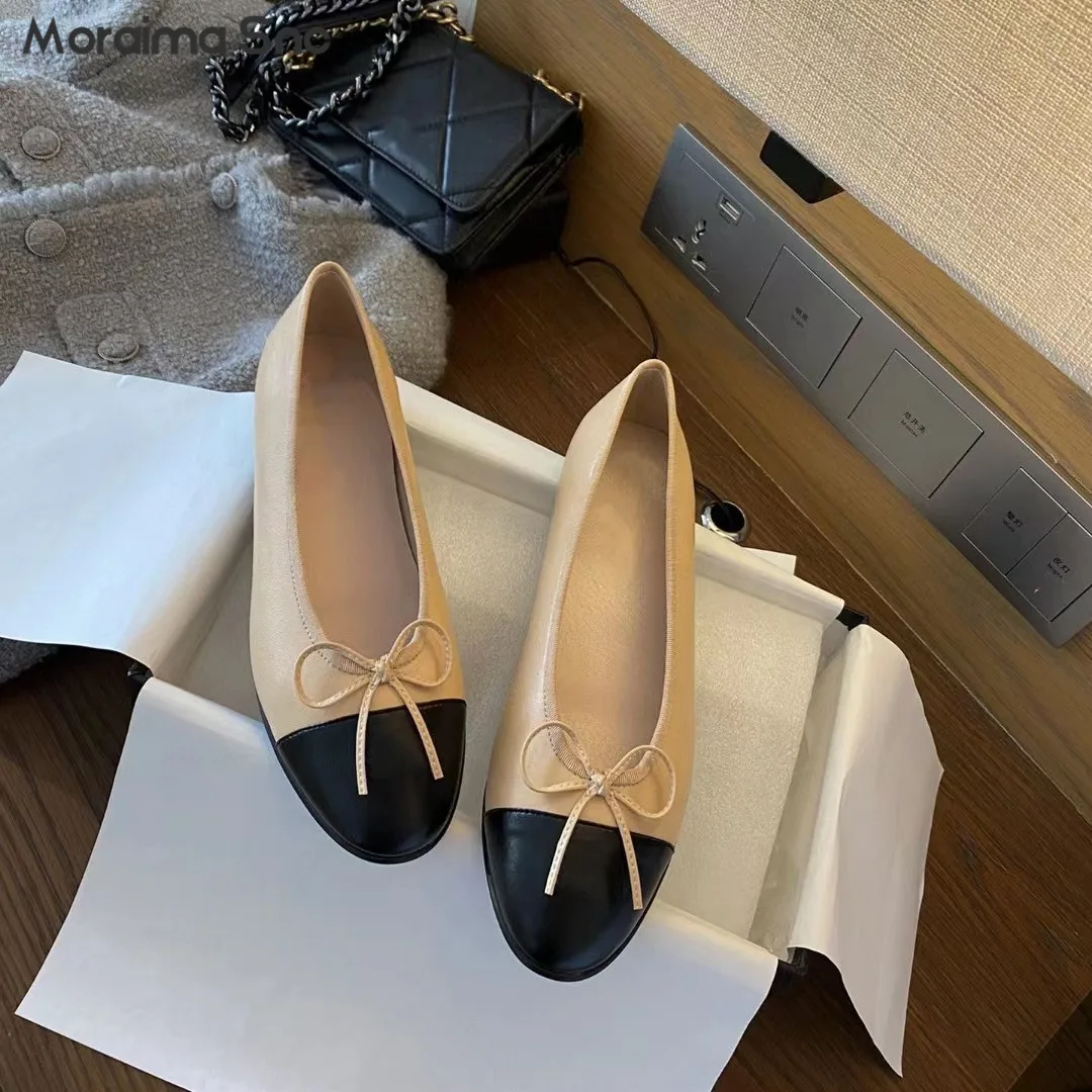 Bow Knot Color Matching Ballet Flats Classic Leather Round Toe