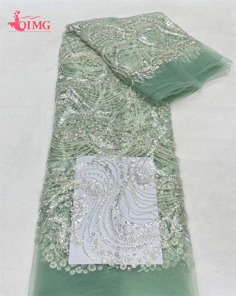 

OIMG 2024 Luxury Heavy Beaded Lace Fabric Handmade Sequins Laces French Net Tulle Lace Fabric for Wedding Dress