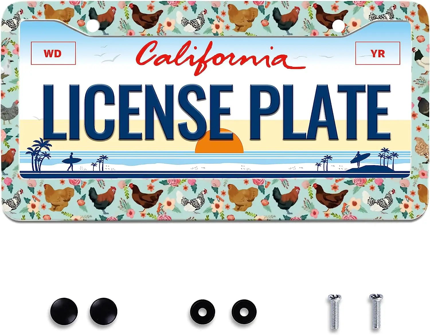 

Chicken Farm License Plate Frame Floral Animal License Plate Frames for Car Decorative Parts Aluminum Rustproof Cover 12x6 In